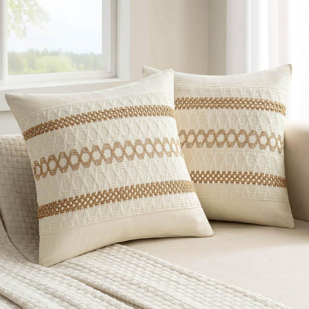 Set of 2 Neutral Boho Decorative Pillow Covers 16x16 Inches